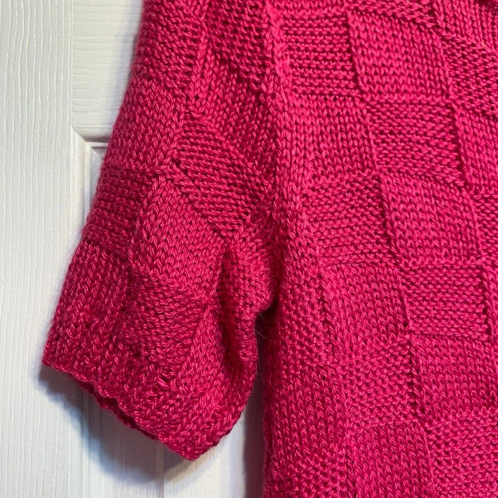 Fuchsia Pink Basketweave Knit Short Sleeve Sweater S/M Checkered Cottagecore